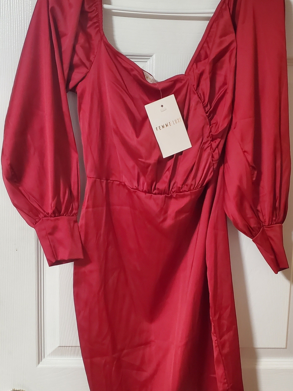 Red Long Sleeve Satin Dress
